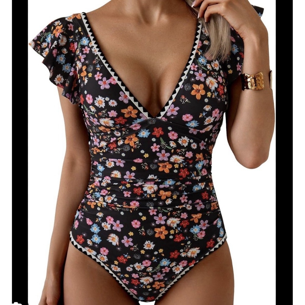 NWT EoMenie One Piece Swimsuit Bathing Suit Black Floral Flutter Sz L Tik Tok